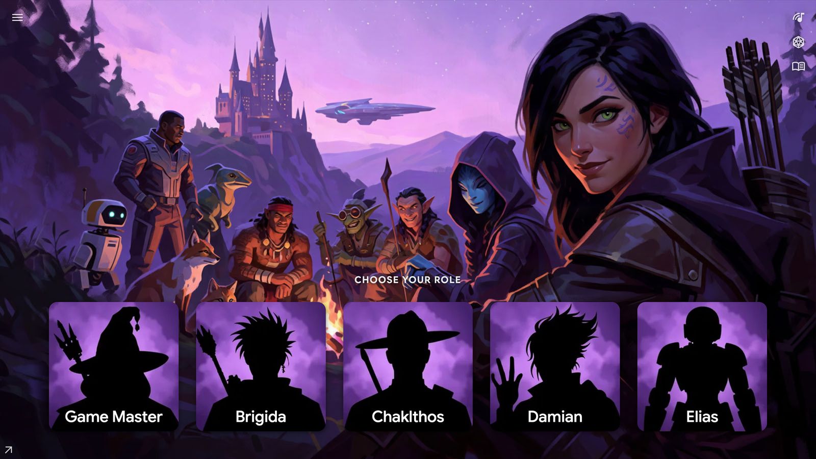The RoleplayLab stage: the sample game's Choose Your Role scene, with five character tiles over painted art of an adventuring party around a campfire